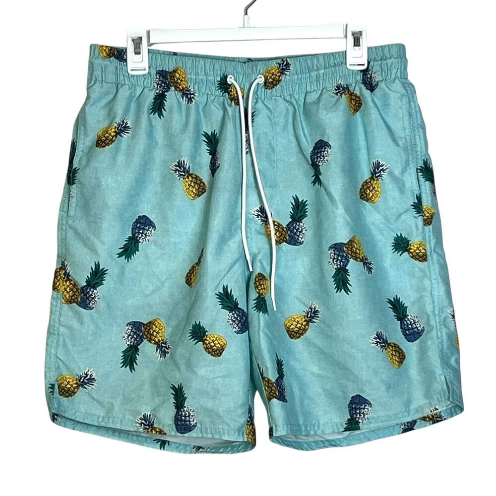 Old Navy Men's Swim Trunks Medium Blue Green Pineapple Print Elastic Waist